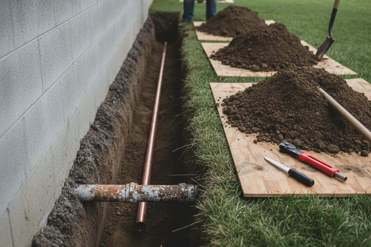 Excavated water line trench during Water Heater Repair in Lemont